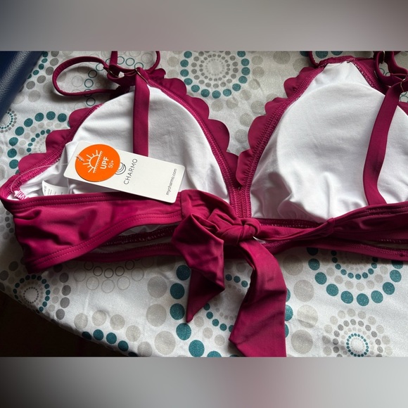 New large maroon,red ruffle, halter double strap top full coverage string bottom - Picture 7 of 7